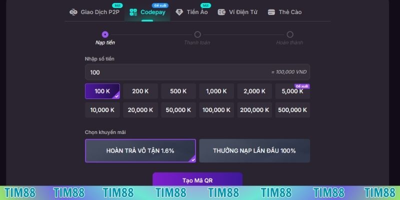 Giao dịch nạp tiền Tim88 thông qua Codepay