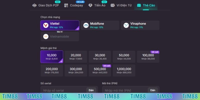 Quy trình nạp bằng thẻ cào cho hội viên mới